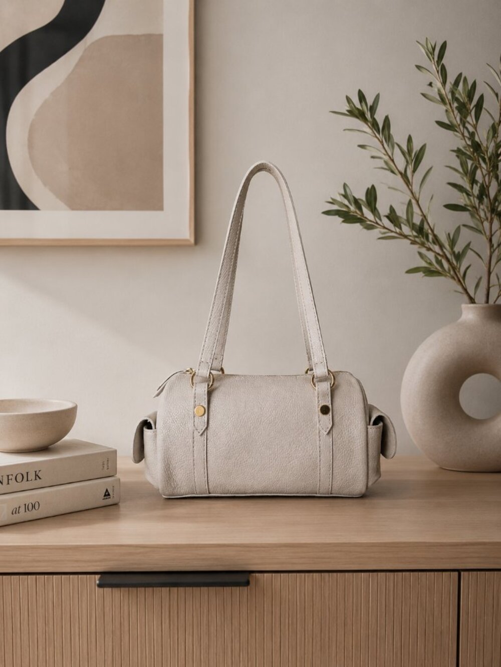 Light Beige Italian Leather Barrel Bag, Genuine Leather Shoulder Bag